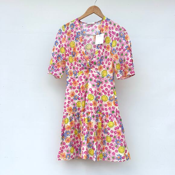 Sandro Paris Smiley Face Flower Linen Mini Dress Size 36 Small 4 Flirty Short - Picture 2 of 9